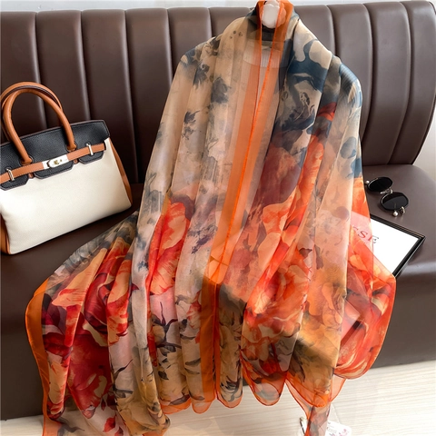 Großer Schal Mit Blumendruck Für Damen Satinnähnliches Polyester Sonnenschutz Transparent Elegant Leicht Lang