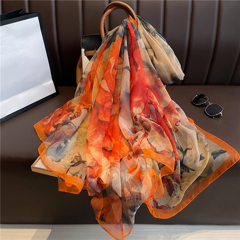 Großer Schal Mit Blumendruck Für Damen Satinnähnliches Polyester Sonnenschutz Transparent Elegant Leicht Lang