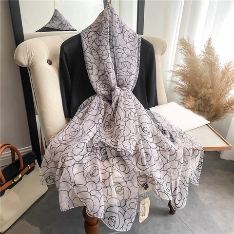 Women Large Floral Scarf Shawl Lightweight Polyester Chiffon Rose Print Sunscreen Sun Protection Wrap Elegant Accessory