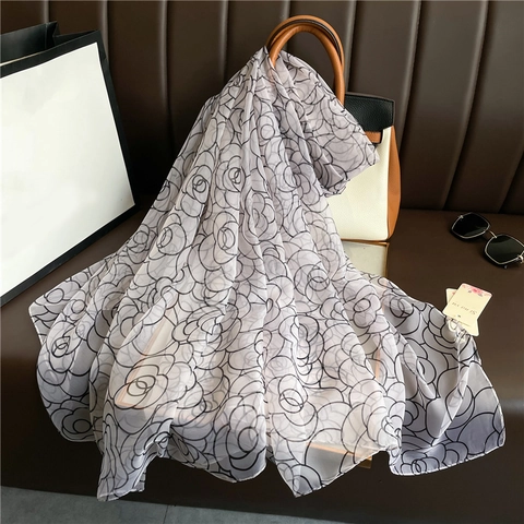 Women Large Floral Scarf Shawl Lightweight Polyester Chiffon Rose Print Sunscreen Sun Protection Wrap Elegant Accessory