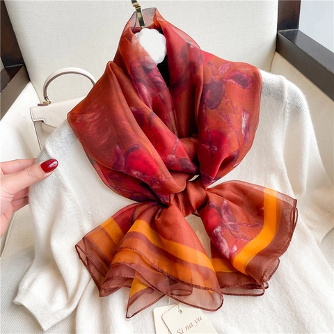 Grote Sjaal Met Bloemenprint Polyester Satijngevoel Voor Dames Lichtgewicht Stranddoek Zonbescherming Elegant Vintage
