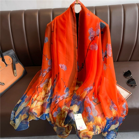 Blumendruck Schal Damen Polyester Satinnähnlich Leicht Sonnenschutz Mode Elegant Großes Tuch Accessoire