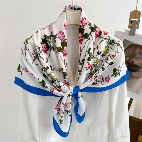 Modisches Quadratisches Halstuch Mit Blumenmuster Satinnähnlicher Polyester Köper Großer Schal Sonnenschutz Elegant