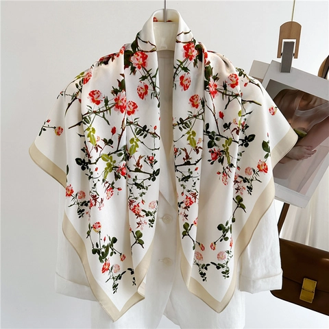 Modisches Quadratisches Halstuch Mit Blumenmuster Satinnähnlicher Polyester Köper Großer Schal Sonnenschutz Elegant