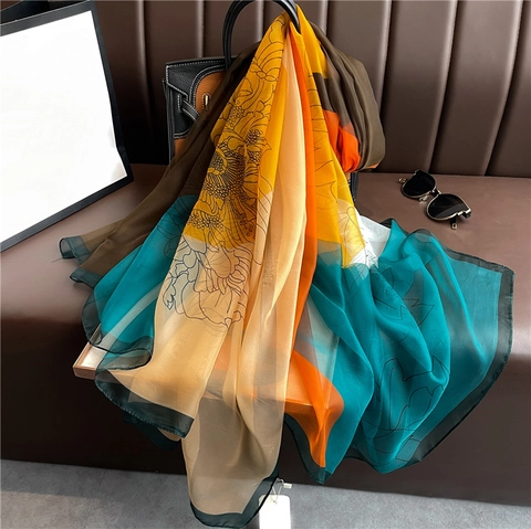 Sciarpa in Raso Stampa Floreale da Donna Taglia Grande Blocchi di Colore Scialle Leggero Protezione Solare Elegante