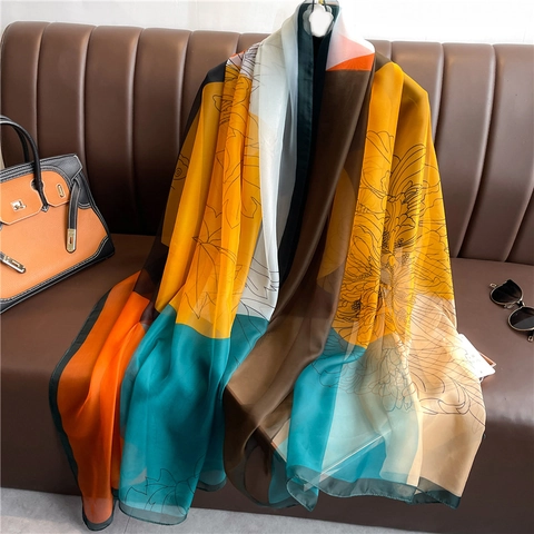 Sciarpa in Raso Stampa Floreale da Donna Taglia Grande Blocchi di Colore Scialle Leggero Protezione Solare Elegante