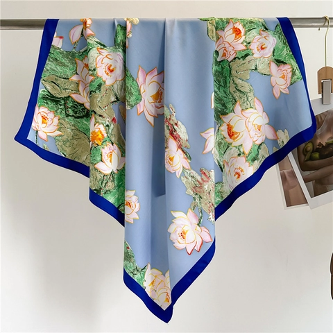 Eleganter Quadratischer Schal Lotus Blumendruck Großer Schal Polyester Twill Vielseitiges Modeaccessoire Für Damen