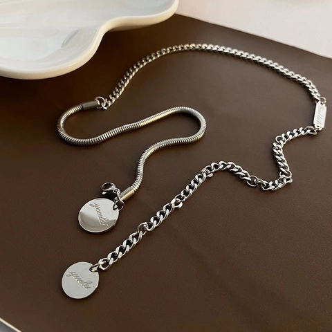 Stainless Steel Asymmetric Necklace For Women Snake And Curb Chain Double Round Disc Pendants Engraved Good Luck Chic