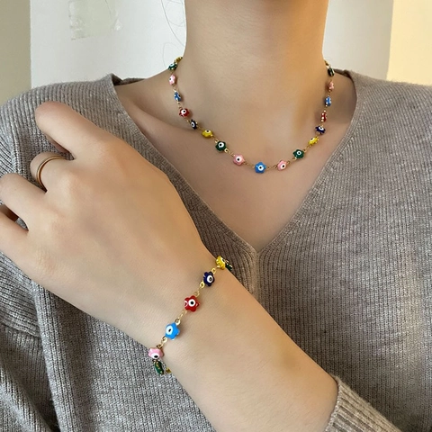 Evil Eye Blume Anhänger Halskette Und Armband Edelstahl Bunte Emaille Dopamin Stil Schmuck Für Frauen