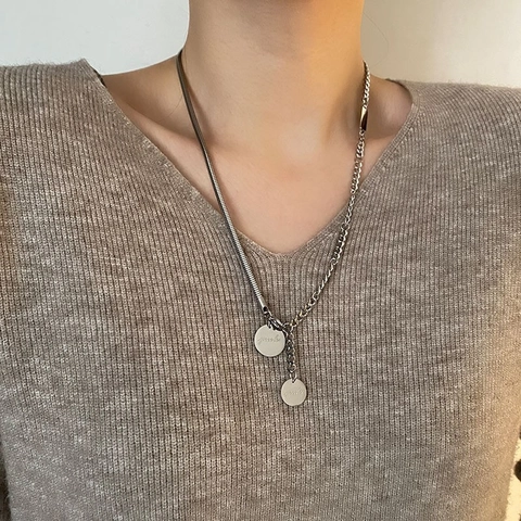 Stainless Steel Asymmetric Necklace For Women Snake And Curb Chain Double Round Disc Pendants Engraved Good Luck Chic