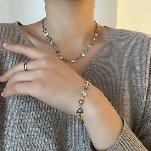 Collier Et Bracelet En émail Marguerite Papillon Acier Titane Bijoux Style Dopamine Florale Colorée Pour Femmes Filles élégant