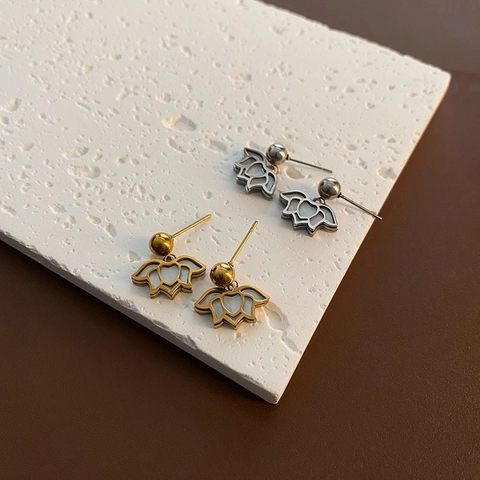 Pendientes De Botón Con Colgante De Flor De Loto Acero De Titanio Incrustación De Concha Joyería De Lujo Vintage