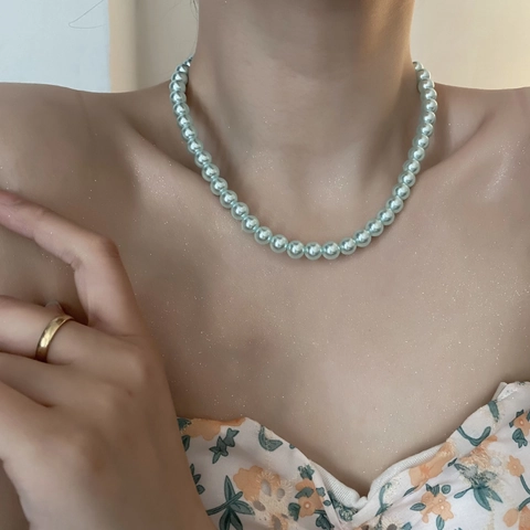 Collar de Acero Inoxidable con Perla Artificial de Concha Natural Verde Menta de Gama Alta Francesa para Mujer Joyería de Cadena de Clavícula