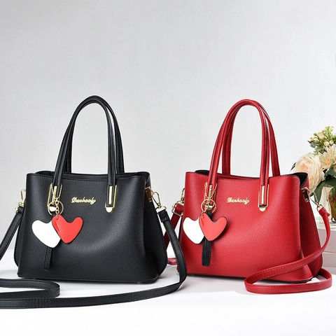 Borsa A Mano Da Donna In Pelle PU Con Trama Litchi Grande Capacità Borsa Con Manico Superiore Con Ciondolo A Cuore Moda Borsa A Tracolla