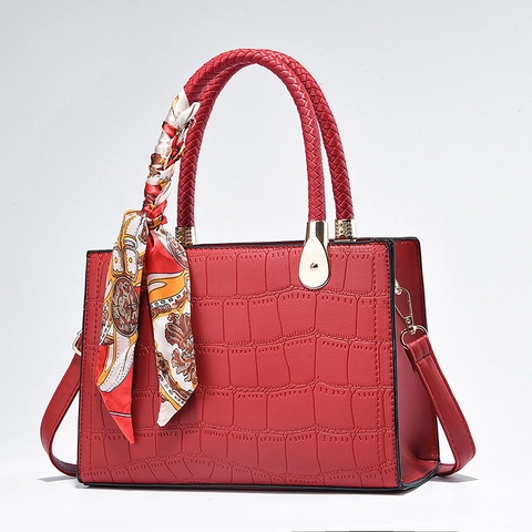 Dames Krokodillenpatroon PU Leer Handtas Met Gevlochten Handvat Satijnen Sjaal Top Handle Schouder Crossbody Tas Goud Hardware