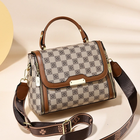 Bolso De Mano De Cuero PU A Cuadros Retro Para Mujer Bolso De Hombro Vintage Con Asa Superior Y Correa Ancha