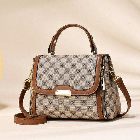 Bolso De Mano De Cuero PU A Cuadros Retro Para Mujer Bolso De Hombro Vintage Con Asa Superior Y Correa Ancha