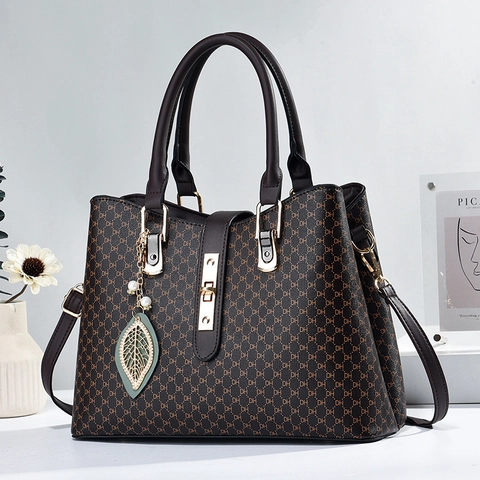 Women Handbag PU Leather Monogram Print Large Capacity Shoulder Tote Bag With Detachable Strap Leaf Artificial Pearl Pendant Elegant