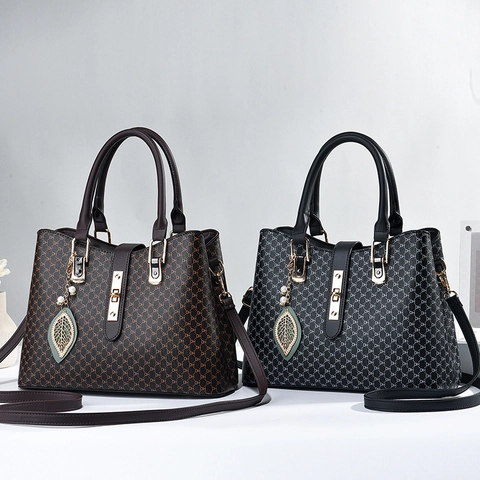 Women Handbag PU Leather Monogram Print Large Capacity Shoulder Tote Bag With Detachable Strap Leaf Artificial Pearl Pendant Elegant