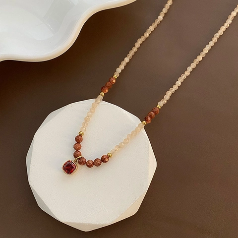 Vintage Beaded Necklace Natural Stone Red Square Gemstone Pendant Titanium Steel Chain For Women French Retro Style