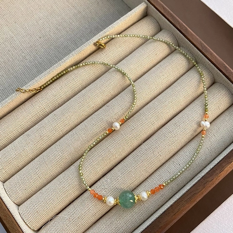 Handmade Freshwater Pearl Necklace With Green Zircon Beads Retro Niche Forest Style Stainless Steel Neck Chain For Women