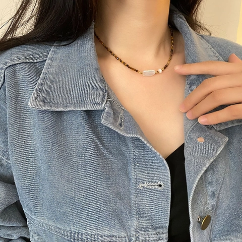 Collana Girocollo Perla Artificial Barocca Occhio Di Tigre Agata Acciaio Titanio Donne Vintage Stile Maillard Gioielli Fatti A Mano