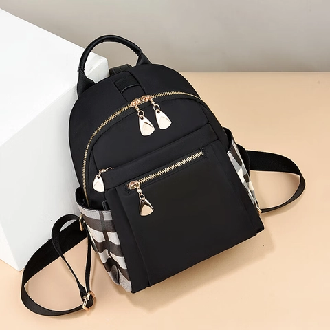 Women Fashion Backpack Nylon Oxford Plaid Patchwork Gold Hardware Waterproof Travel School Anti-Theft Daypack