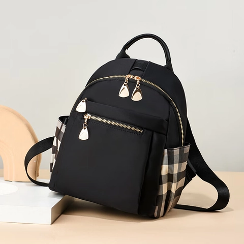 Women Fashion Backpack Nylon Oxford Plaid Patchwork Gold Hardware Waterproof Travel School Anti-Theft Daypack