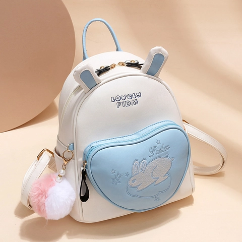 Mini Mochila De Cuero PU Orejas De Conejo Bolsillo En Forma De Corazón Bordado Lindo Para Mujeres Niñas Pompon