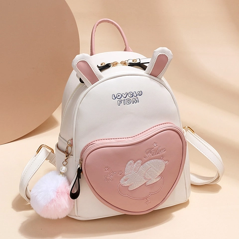 Mini Mochila De Cuero PU Orejas De Conejo Bolsillo En Forma De Corazón Bordado Lindo Para Mujeres Niñas Pompon