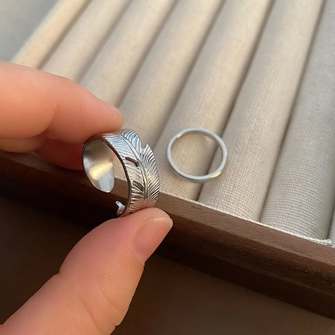 Feder Offener Ring Und Minimalistisches Band Titanstahl Verstellbarer Retro Strukturierter Schmuck Für Damen Herren