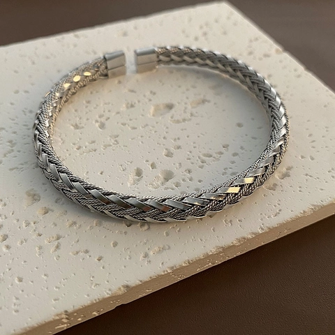 Gewebter Offener Armreif Titanstahl Geflochtene Textur Armband Vintage Industrie Minimalistischer Stil Schmuck Für Damen Herren