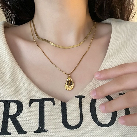 Double Layer Layered Necklace Titanium Steel Gold Plated Tiger Eye Stone Teardrop Pendant Herringbone Snake Chain For Women Retro
