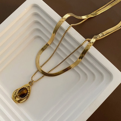Double Layer Layered Necklace Titanium Steel Gold Plated Tiger Eye Stone Teardrop Pendant Herringbone Snake Chain For Women Retro