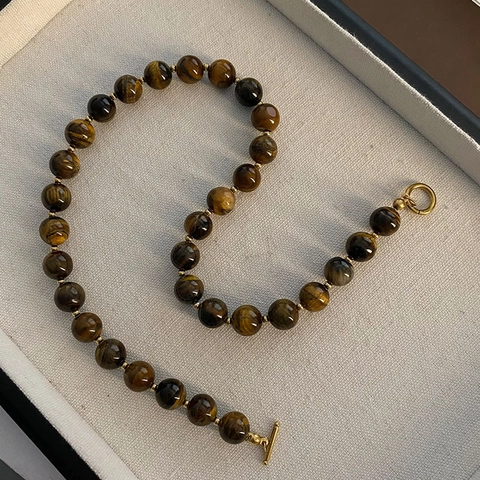 Natural Tiger Eye Stone Beaded Necklace With Golden Stainless Steel Toggle Clasp Vintage Aesthetic Jewelry For Women