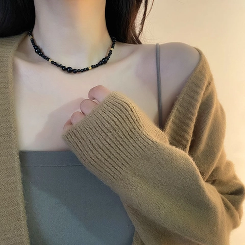 Retro Black Onyx Bead Necklace With Gold Plated Titanium Steel Hollow Spacers Gradient Choker For Women