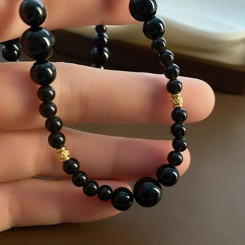 Retro Black Onyx Bead Necklace With Gold Plated Titanium Steel Hollow Spacers Gradient Choker For Women