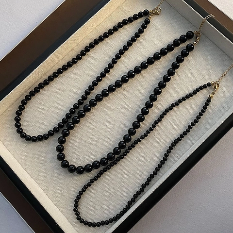 Vintage Style Black Agate Bead Necklace For Women Stainless Steel Clasp Minimalist Round Bead Chain Fashion Jewelry Gift Accessory