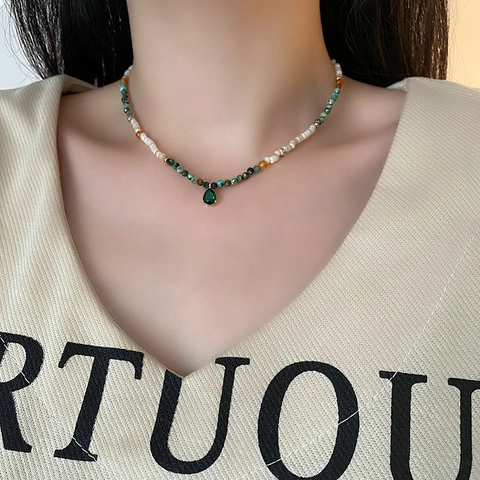 Kralenketting Met Groene Edelsteen Hanger Schelp Natuursteen Zoetwaterparel Vintage Bohemien Stijl Voor Elegante Vrouwen