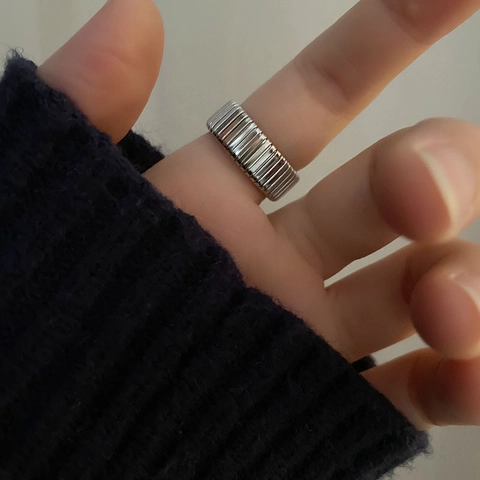 Stainless Steel Wide Elastic Ring Vertical Stripe Pleated Texture Retro Minimalist Jewelry For Women Index Finger
