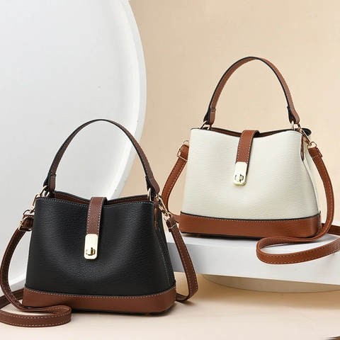 Fashion Women Bucket Bag First Layer Cowhide Large Capacity Crossbody Handbag Contrast Color Commuter Tote Litchi Pattern Shoulder Bag