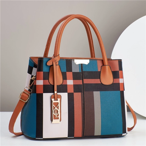 Borsa Tote da Donna alla Moda con Blocchi di Colore a Quadri Grande Capacità in Pelle PU Borsa a Spalla per Ufficio Quotidiano