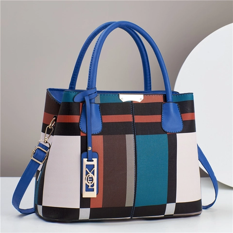 Borsa Tote da Donna alla Moda con Blocchi di Colore a Quadri Grande Capacità in Pelle PU Borsa a Spalla per Ufficio Quotidiano