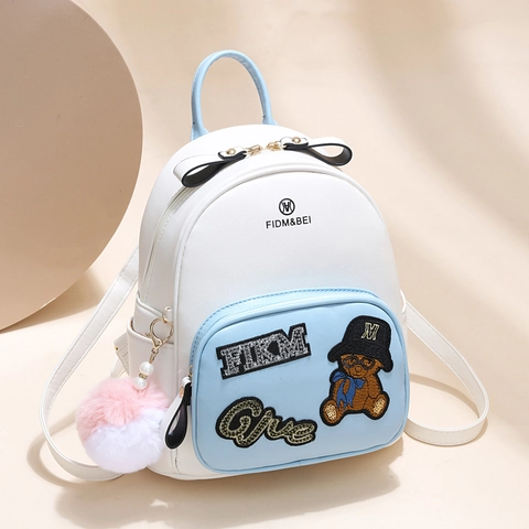 Women Mini PU Leather Backpack Cartoon Bear Embroidery Sequin Letter Decor Cute Pom Pom Charm Fashion Small Girl Daypack