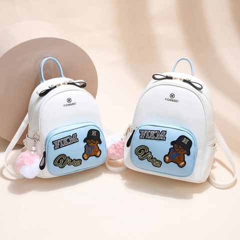 Women Mini PU Leather Backpack Cartoon Bear Embroidery Sequin Letter Decor Cute Pom Pom Charm Fashion Small Girl Daypack