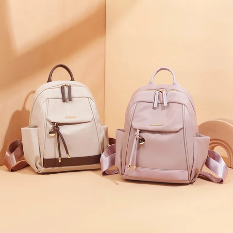Zaino da Donna Leggero in Tessuto Oxford Moda Urbana Pendolarismo Borsa da Viaggio Con Nappina Colore a Contrasto Cartella