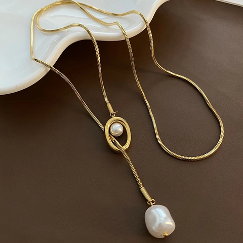 Artificial Baroque Pearl Pendant Necklace Titanium Steel Gold Plated Snake Bone Chain Long Sweater Jewelry Geometric Minimalist For Women