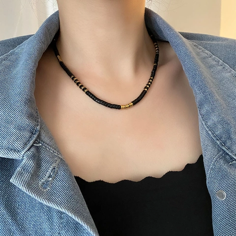 Natural Obsidian Stone Beaded Necklace Titanium Steel Colorful Beads Minimalist Vintage Clavicle Chain For Women