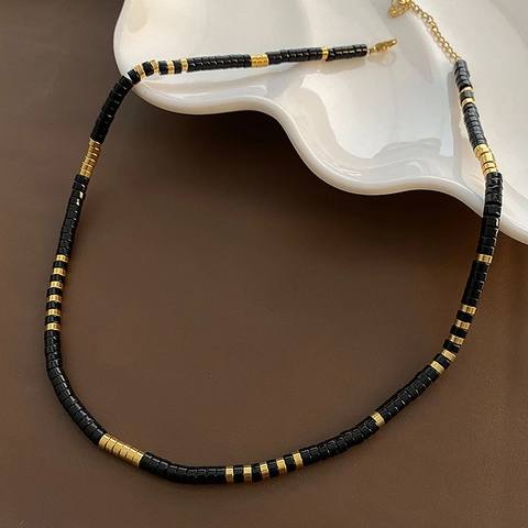 Natural Obsidian Stone Beaded Necklace Titanium Steel Colorful Beads Minimalist Vintage Clavicle Chain For Women