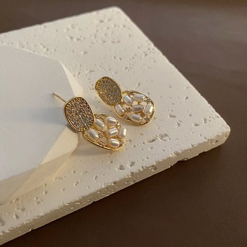 French Retro Artificial Pearl Drop Earrings With 925 Sterling Silver Earring Post Geometric Copper Zircon Jewelry For Women